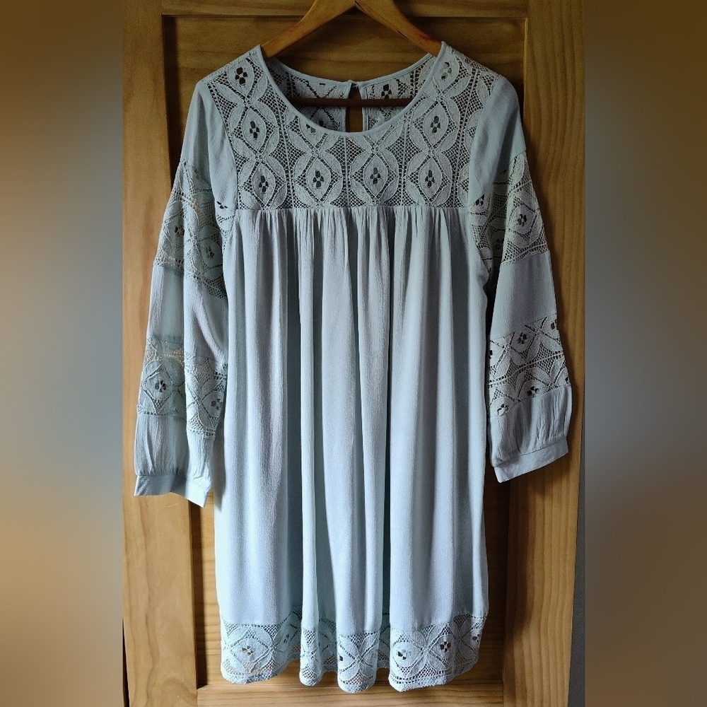 NWT Entro Light Green Midi Babydoll Dress | Lace Cutout | Balloon Sleeve | Med